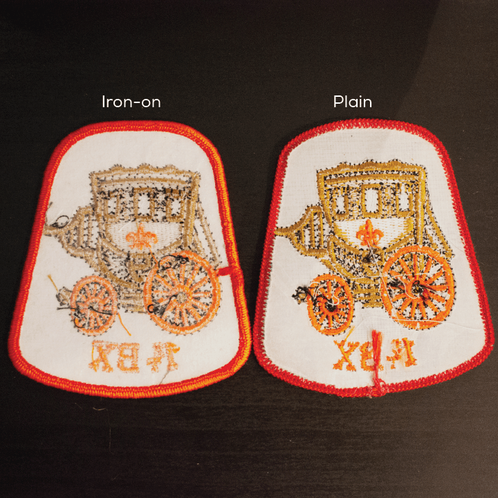 Badge backing examples. Left is with iron on, right is with none. Influences custom badge pricing.