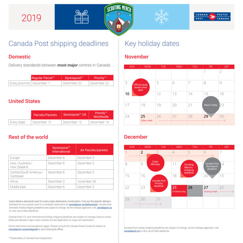 Canada Post Key Holiday Dates 2019, includes Canada, US and Internationally graphics and two calendars with visual tags.